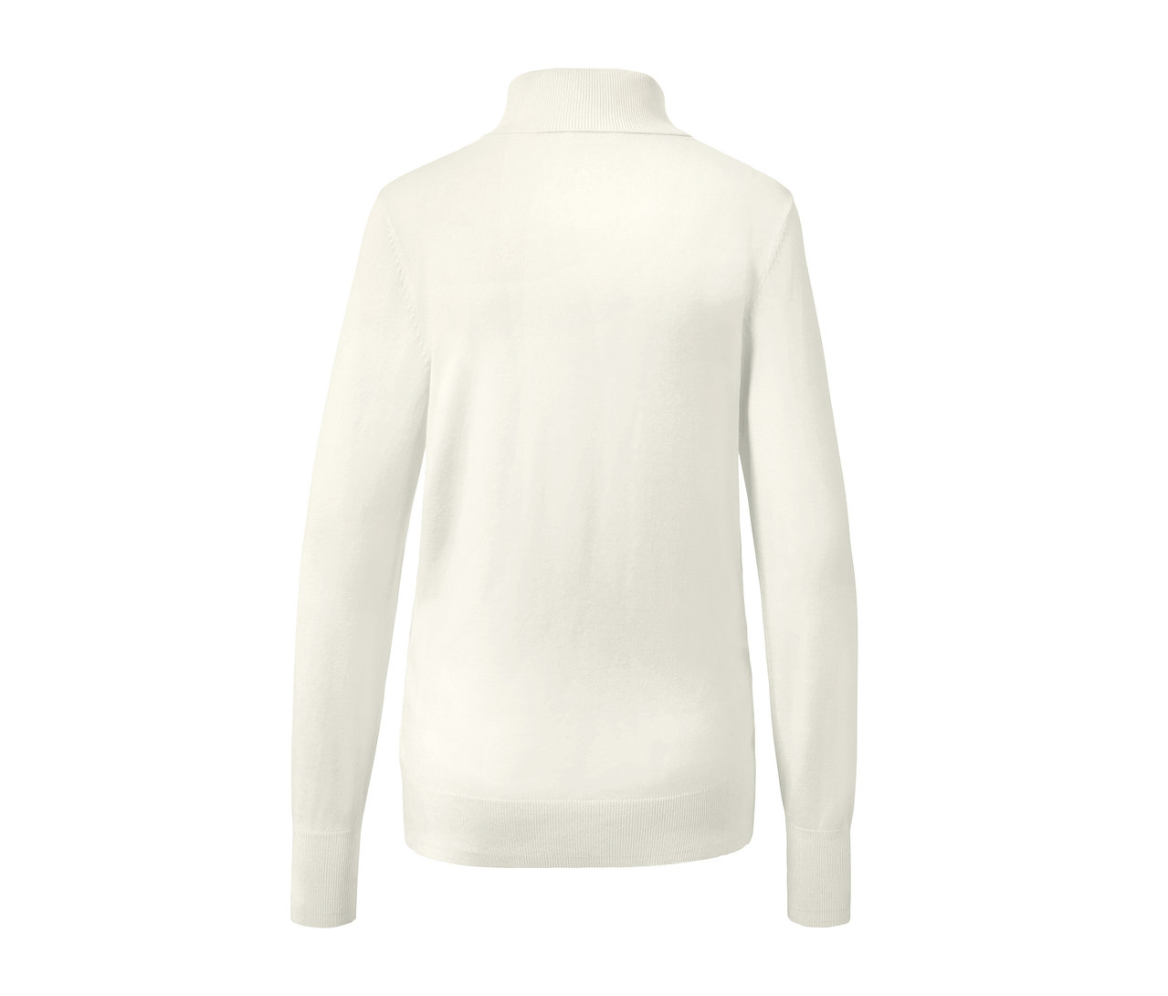 Detailansicht der Rückseite eines cremeweißen Feinstrick-Rollkragenpullovers.