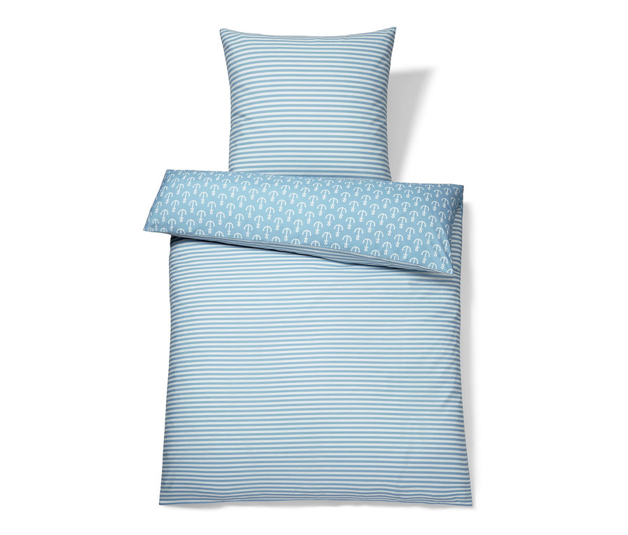 Blau-weiss gestreifte Microfaser-Bettwäsche, Normalgröße, mit Kissen und Kissenbezug.