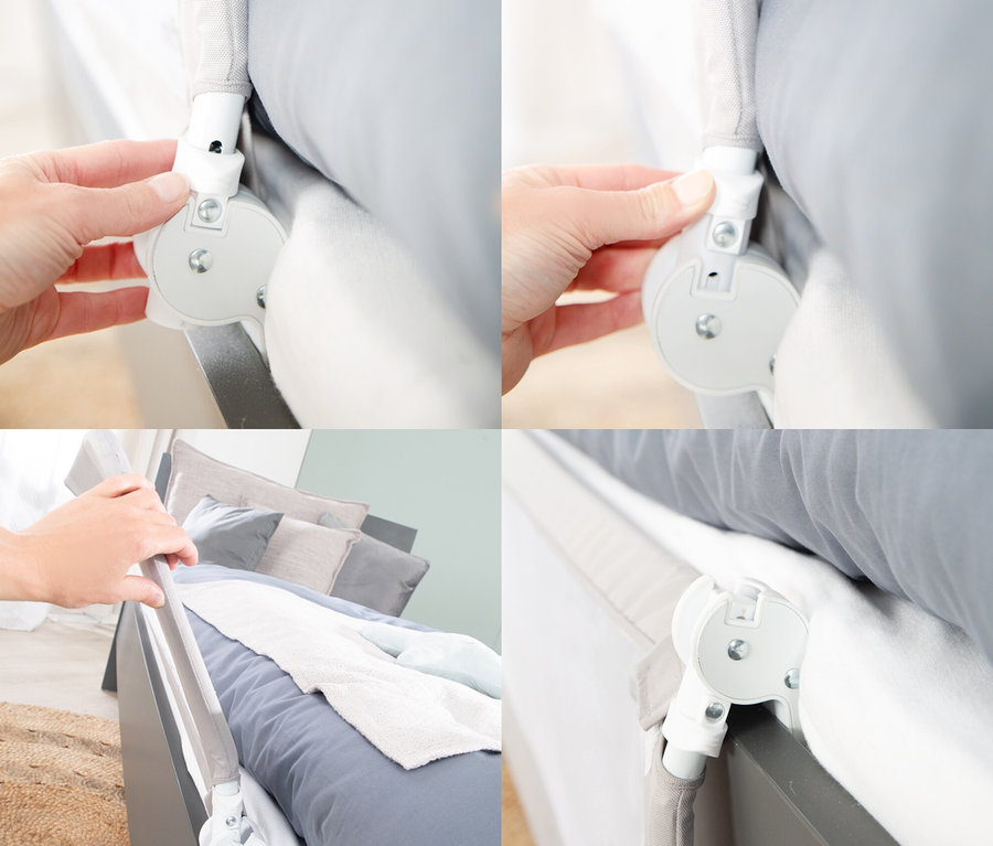 Detailansicht einer Person, die ein graues roba Bettschutzgitter »Klipp-Klapp« an einem Bett befestigt.