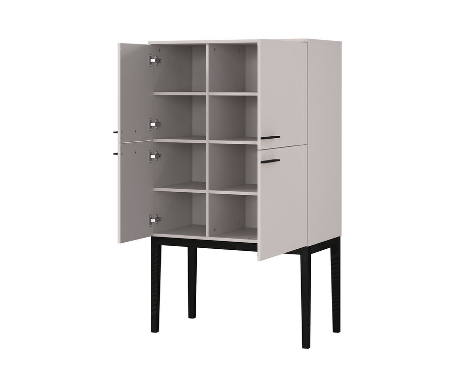 Ein weißes Highboard mit offenen Türen und schwarzen Beinen.
