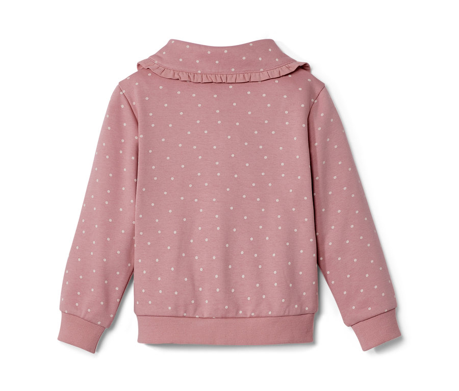 Rosa Kinder-Sweatjacke mit weißen Punkten und Volant am Kragen.