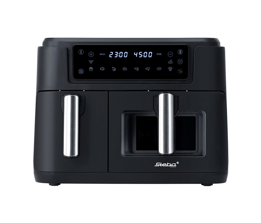 Schwarze Steba Doppel-Heißluftfritteuse mit digitalem Display.