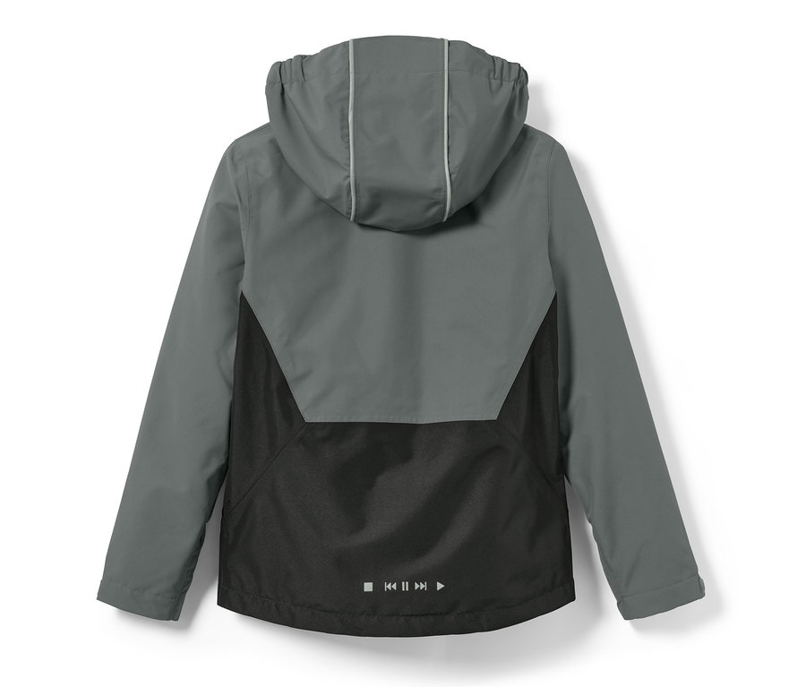 Detailansicht der Kinder-Regenjacke in Grau und Schwarz von hinten, mit Kapuze.