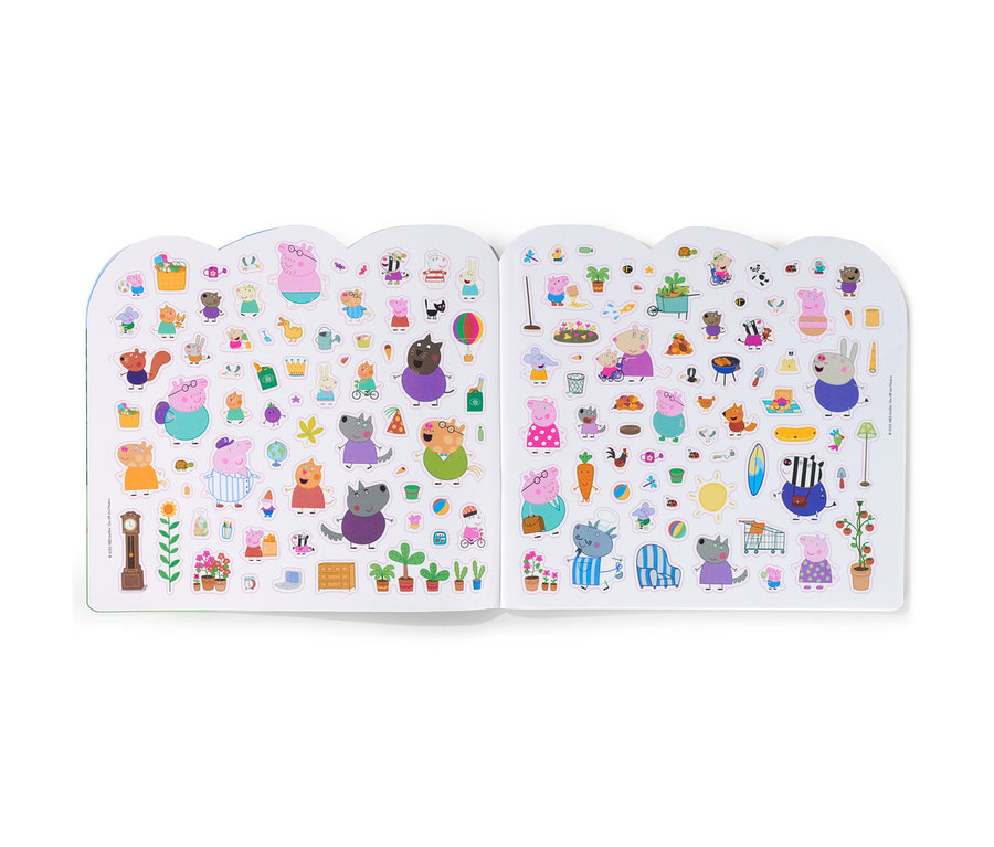 Aufgeschlagenes Buch mit vielen Aufklebern zum Thema Peppa Pig.