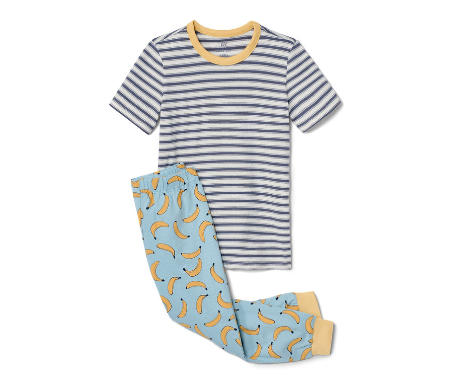Kinder-Pyjama: Gestreiftes Kurzarm-Shirt und Hose mit Bananenmuster. 2 Kinder-Pyjamas, Bananen-Alloverprint.