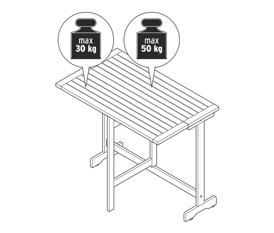 Illustration eines klappbaren Balkontischs »Lenja« mit maximaler Belastung von 30 kg und 50 kg.