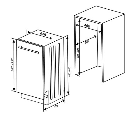 Eine Schemazeichnung des Respekta vollintegrierten Geschirrspülers »GSP45VV«, ca. 45 cm, E (von A bis G).