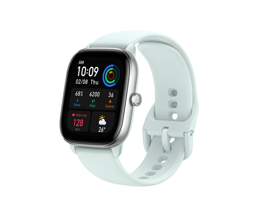 Eine Amazfit GTS 4 Mini-Smartwatch in Mint Blue zeigt die Uhrzeit 10:09.