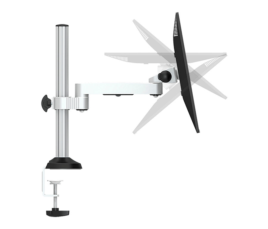 Silberne und weiße Tisch-Halterung »ErgoFix H2« für Monitore.