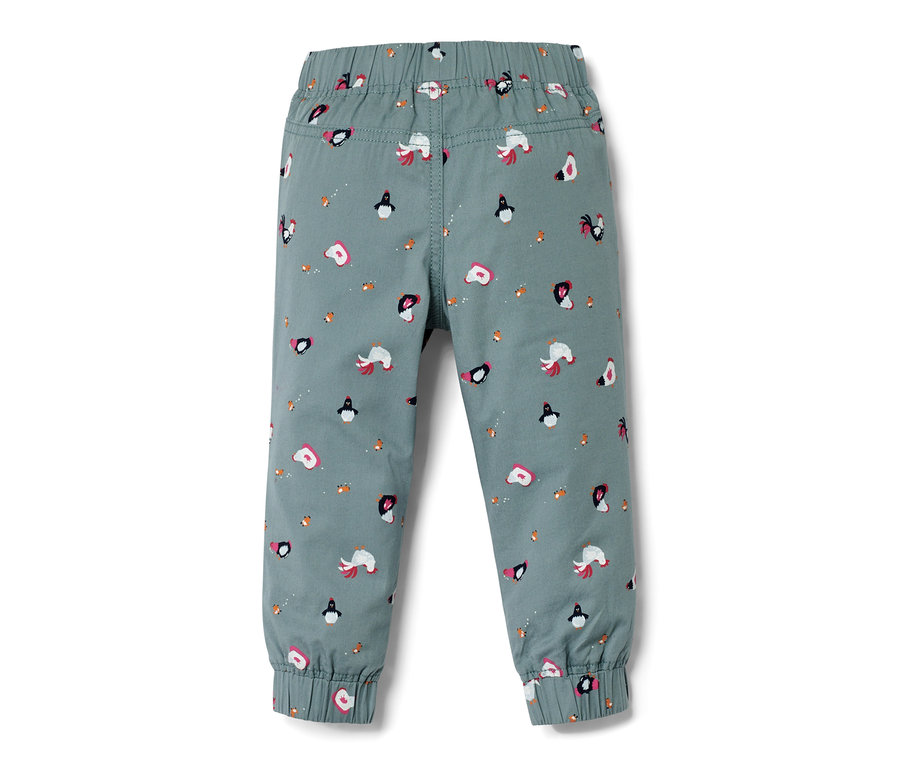 Blaue Kinder-Pull-on-Pants – Fit »Ella« mit Hühner Muster.