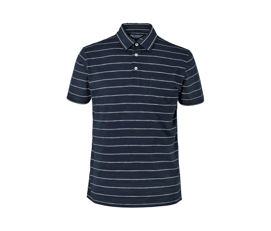 Marineblaues Jersey-Poloshirt mit kurzen Ärmeln und horizontalen Streifen.
