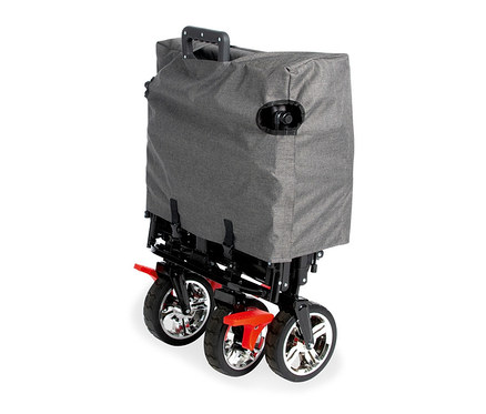 Zusammengeklappter grauer Bollerwagen Pinolino Klappbollerwagen »Add Plus« mit schwarzem Gestell und roten Schutzblechen.