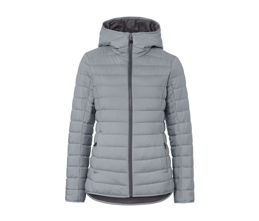 Graue, wasserdichte Wende-Steppjacke mit mittigem Reißverschluss.