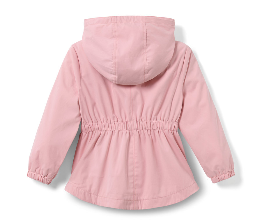 Detailansicht der Rückseite eines Kleinkind-Parkas mit Kapuze und Kordelzug in der Taille.
