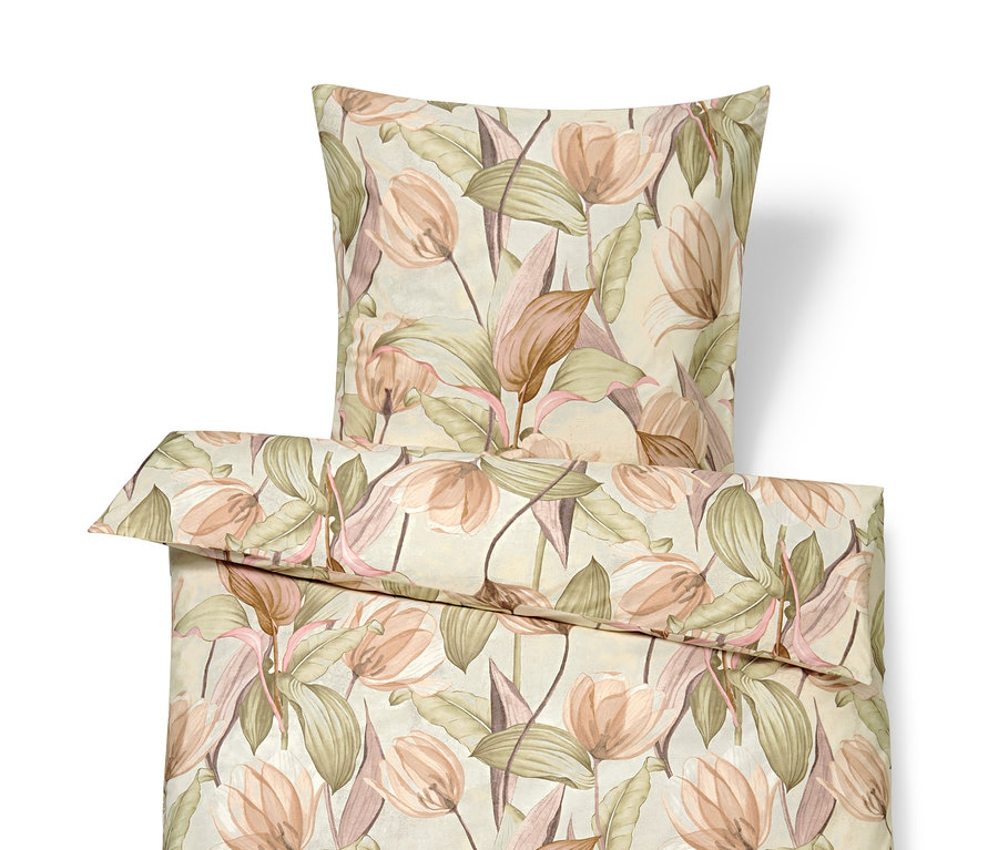 Bettwäsche mit Tulpen- und Blättermuster.