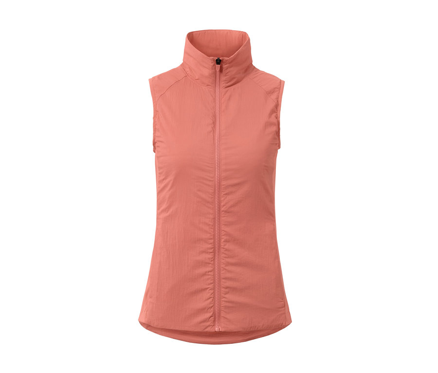 Eine rosafarbene Laufweste mit Reißverschluss in der Mitte.