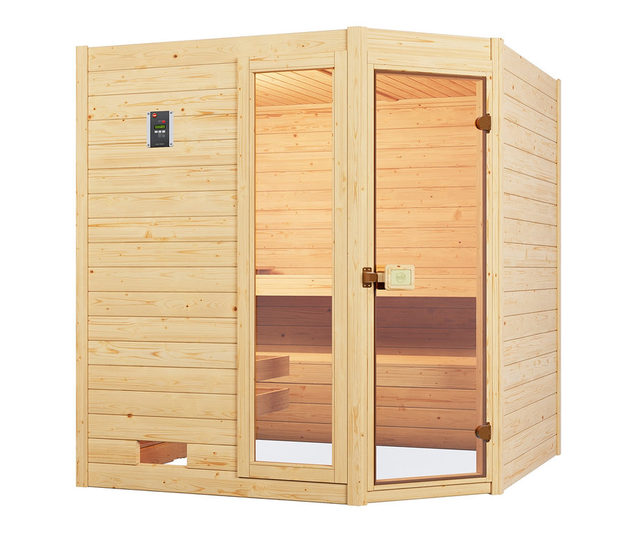 Weka Massivholzsauna, Martti BioS aus Holz mit Glastür und Bedienfeld.
