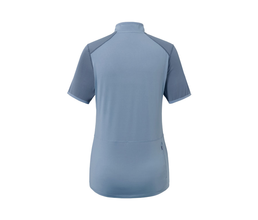 Blaues Kurzarm-Rad-Shirt von hinten.
