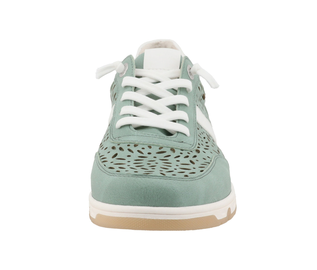 Vorderansicht des Romika Sneaker, PU mint mit weißen Schnürsenkeln.