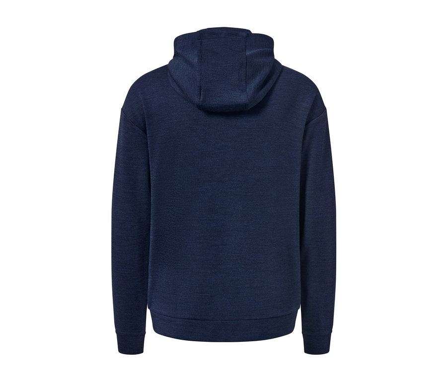 Dunkelblaue Kapuzenjacke mit RWS-lizenzierter Wolle von hinten.