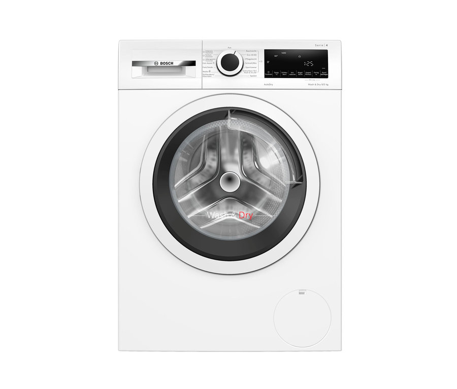 Weißes Bosch WNA13441 »Waschtrockner«, 9/5 kg Gerät mit schwarzem Bedienfeld und transparenter Tür.