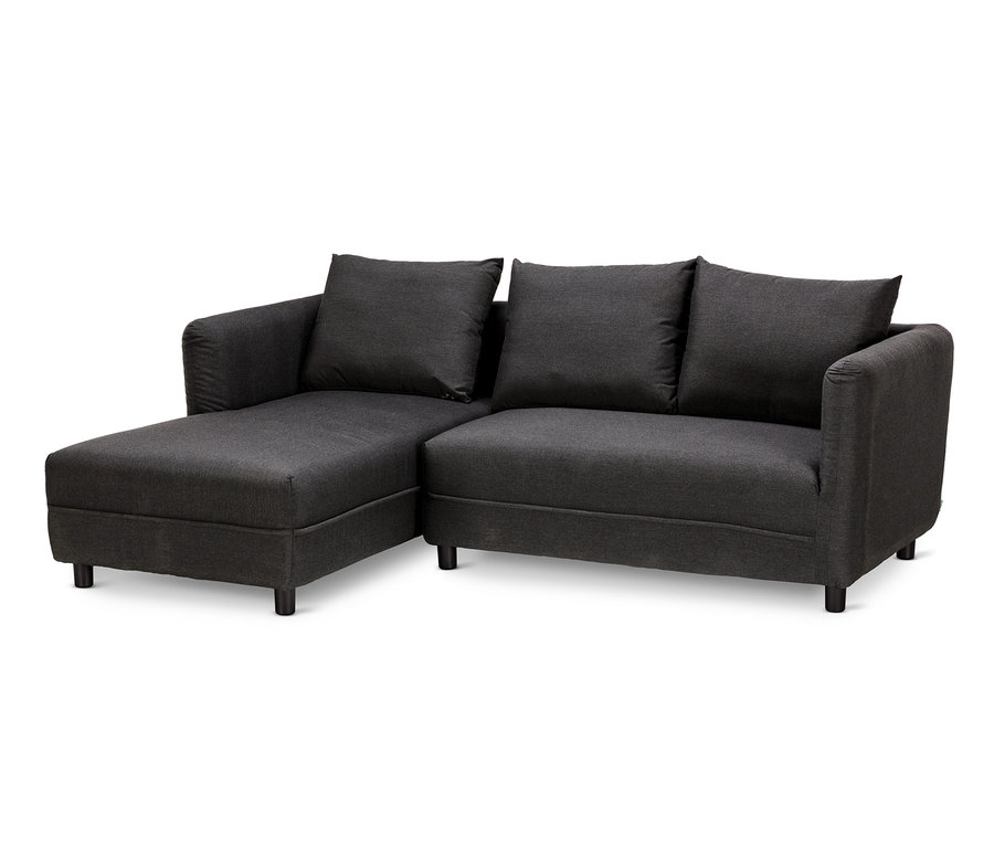 Graue Premium-Lounge-Ecke mit Sunbrella®-Stoff und drei Kissen.