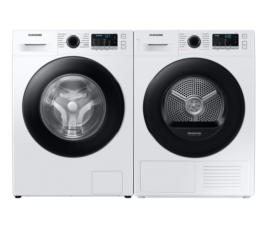 Zwei weiße Samsung Waschmaschinen stehen nebeneinander. Rechts steht ein Samsung Wärmepumpentrockner DV9ETA040AE/EG, A++ (von A+++ bis D), 9 kg.