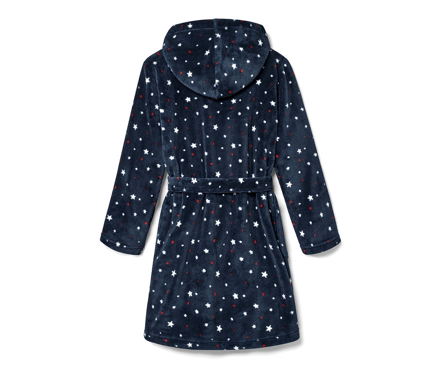 Rückansicht eines Kinder-Bademantels mit Kapuze und Sternen.