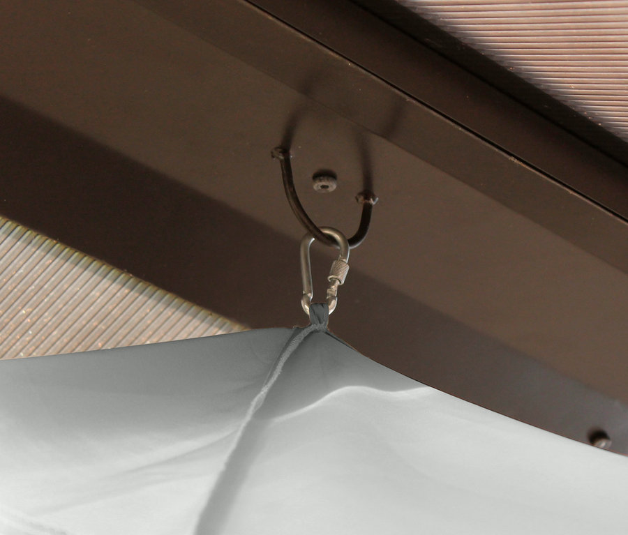 Detailansicht eines hellgrauen Profi-Pavillons, 300 x 365 cm, mit einem Haken an der Decke.