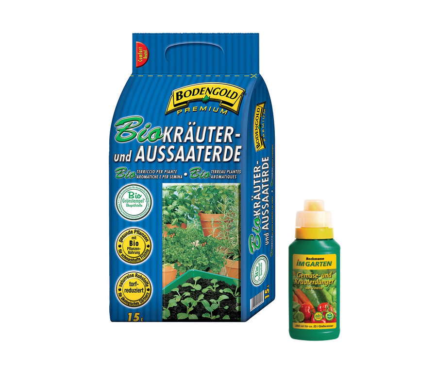 Abbildung zeigt eine Packung Kräuter- und Aussaaterde (15 l, inkl. Dünger) von Bodengold und eine grüne Flasche Gemüse- und Kräuterdünger von Beckmann.