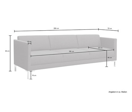 Abmessungen des grauen 3-Sitzer Sofas »Liv« werden mit Linien und Werten dargestellt.