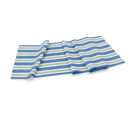 Gestreifter Baumwoll-Tischläufer in Blau, Creme und Grün.