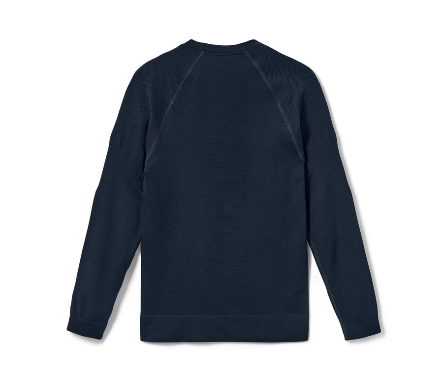 Marineblaue Kinder-Seamless-Funktionsunterwäsche mit langen Ärmeln liegt auf einem weißen Hintergrund.