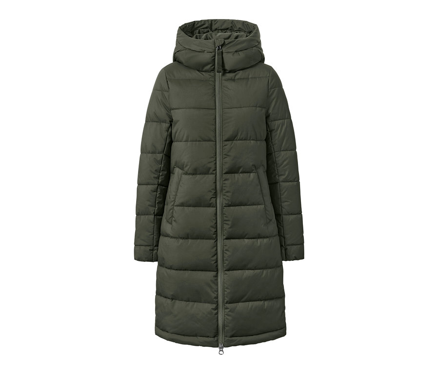 Khaki Steppmantel mit Kapuze und Reißverschluss.