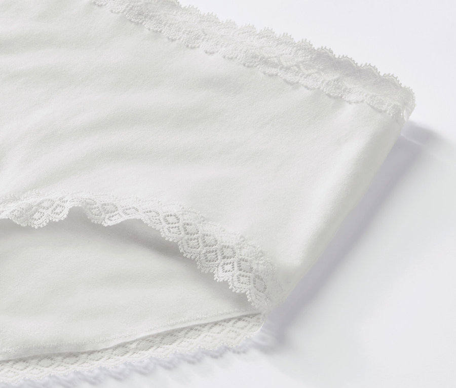 Detailansicht einer weißen Highwaist-Panty mit Spitze.
