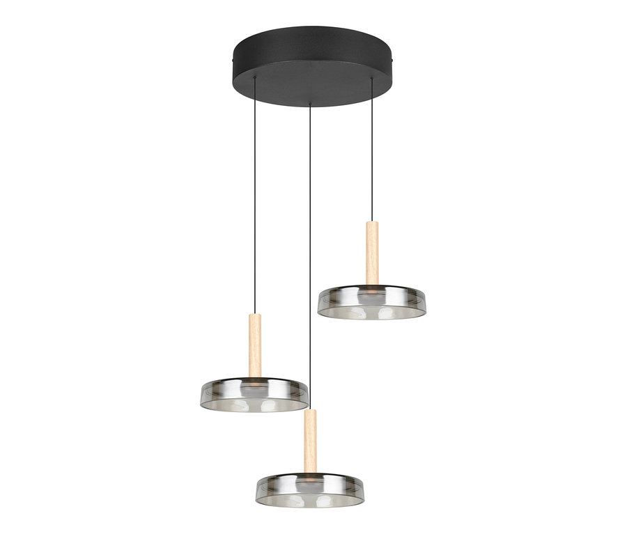Trio LED-Pendelleuchte »Celeste« mit schwarzem, rundem Baldachin und drei grauen Lampenschirmen mit Holzdetails.