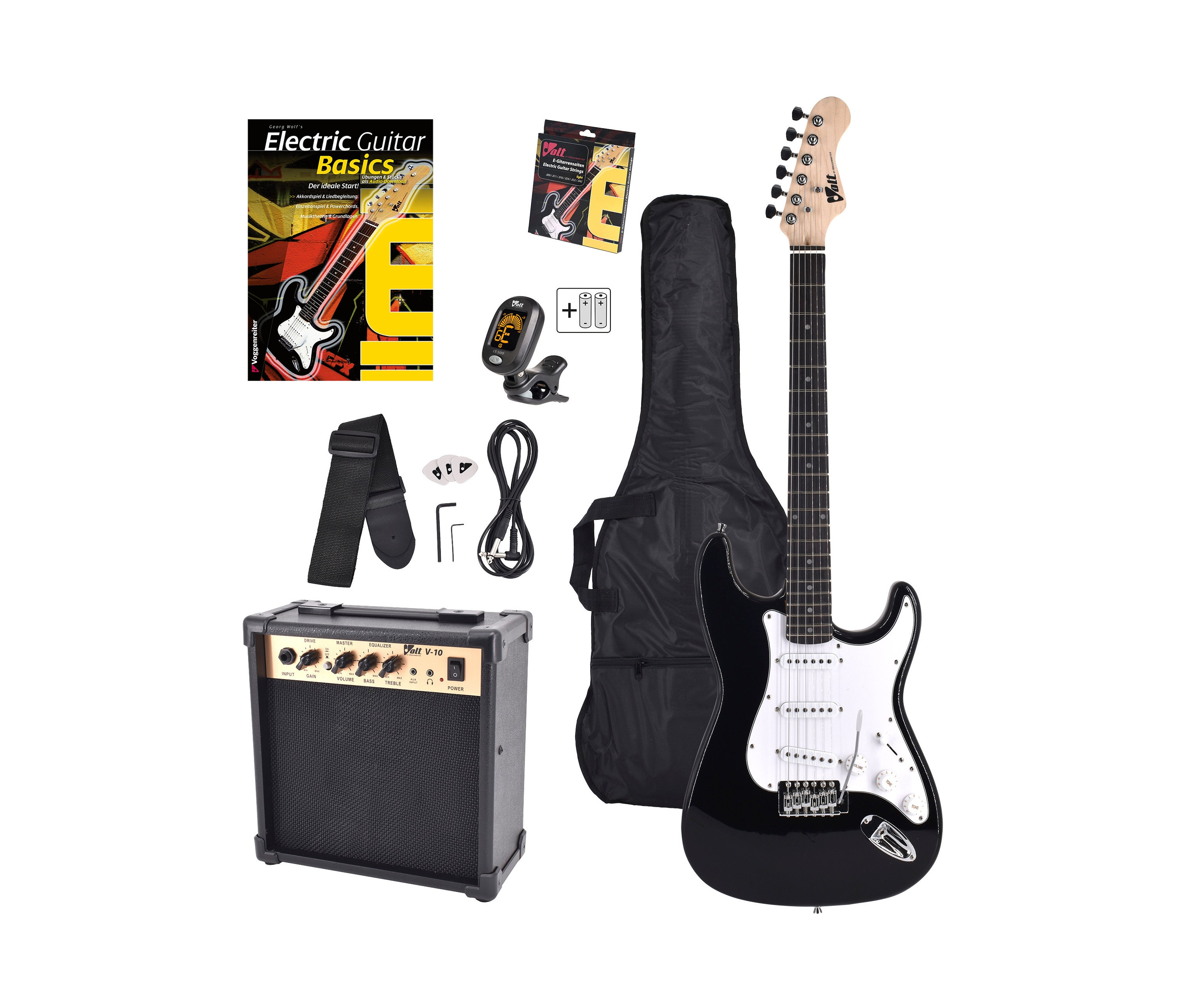 Schwarze E-Gitarre Voggenreiter VOLT E-Gitarren-Set EG-100, Verstärker, Tasche, Buch und Zubehör.
