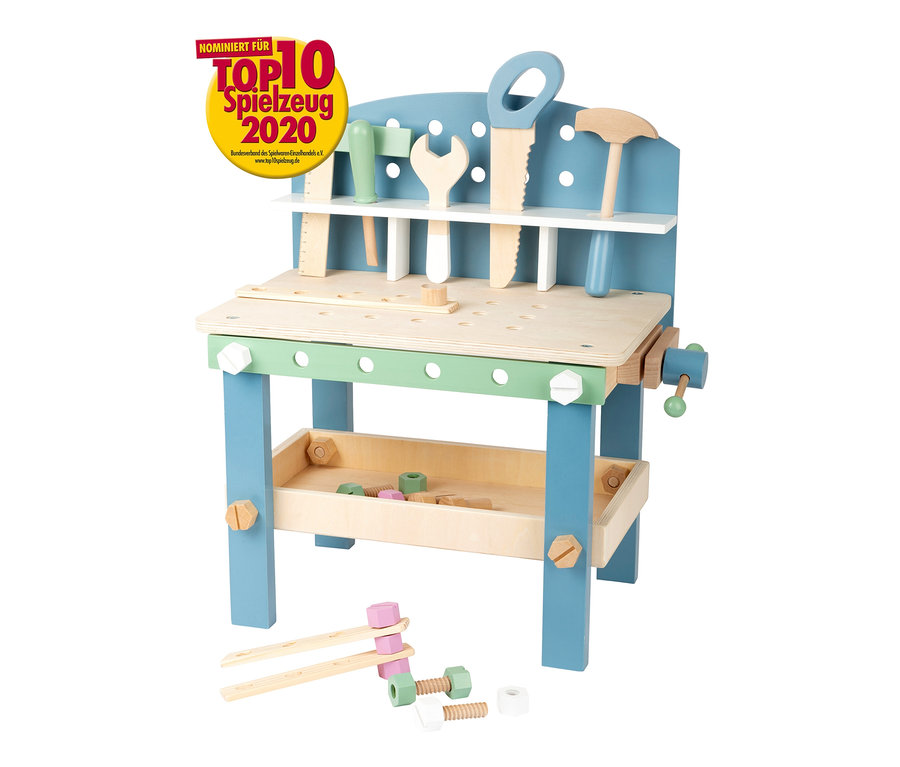 Die kompakte »Nordic« Werkbank von small foot mit Werkzeugen und Zubehör.