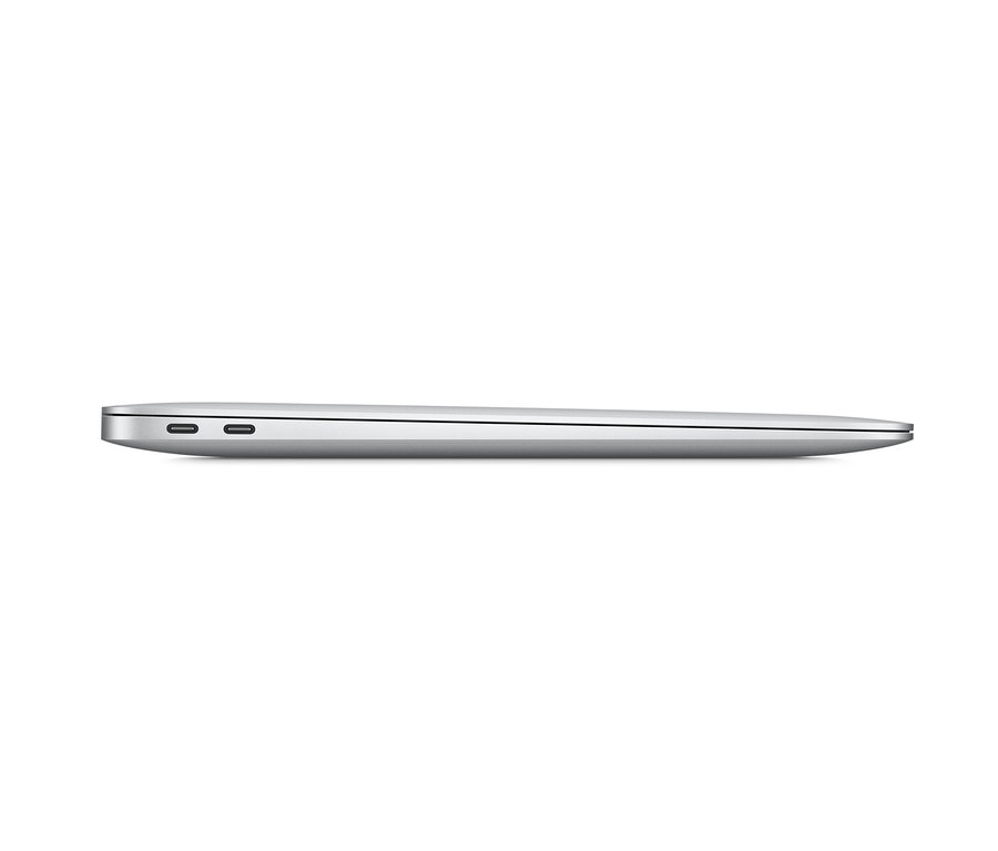 Detailansicht der Seite eines silberfarbenen Apple Macbook Air Retina 13", 2020.