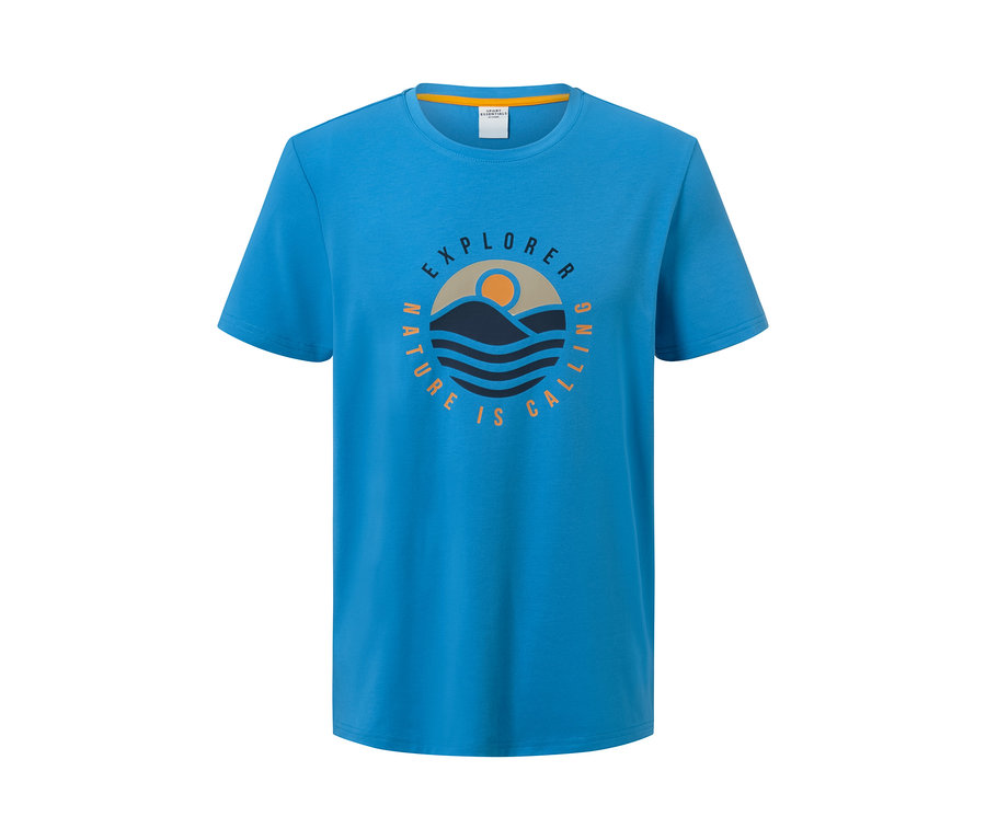 Blaues T-Shirt mit Berg- und Schrift-Print.