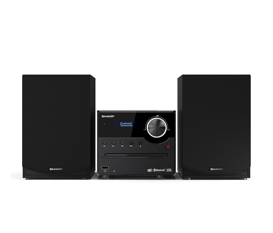 Schwarze Sharp XL-B517D Stereoanlage mit zwei Lautsprechern.