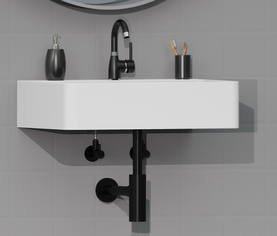 Weißes Waschbecken mit schwarzer Armatur und schwarzem KIRCHHOFF Design-Flaschen-Siphon.