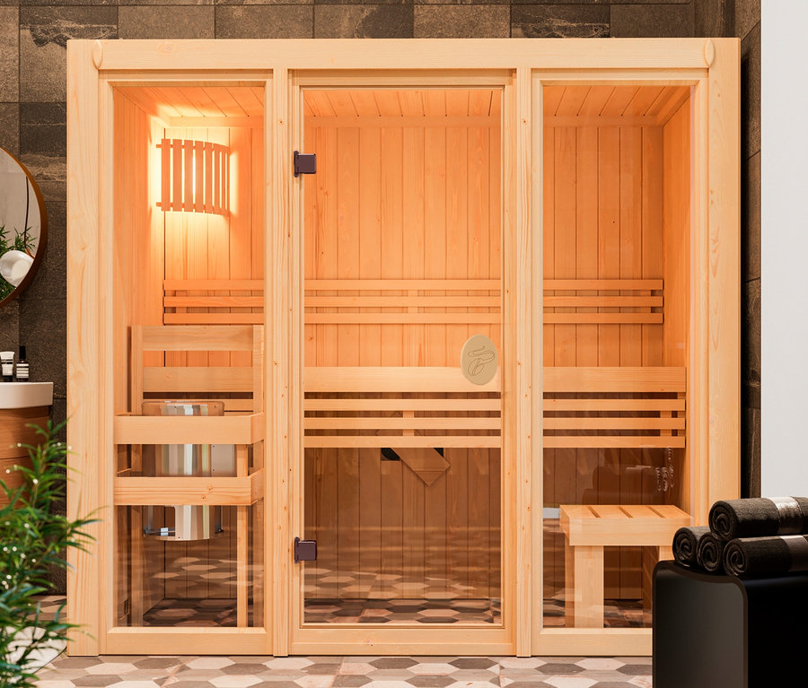 Badezimmer-Interieur mit Karibu Sauna »Vivi 2«, Bio, Waschbecken und Spiegel.