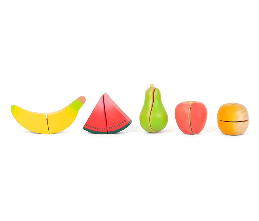 Holzspielzeug-Obst: Banane, Wassermelone, Birne, Apfel und Orange, jeweils in zwei Teile geteilt.