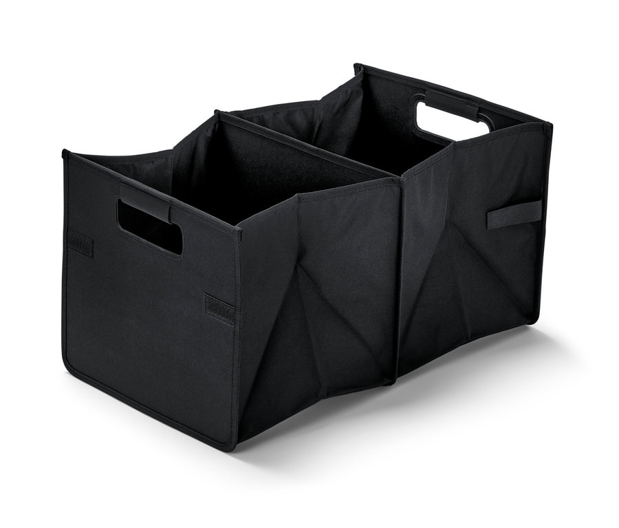 Eine schwarze Auto-Faltbox mit drei Fächern.