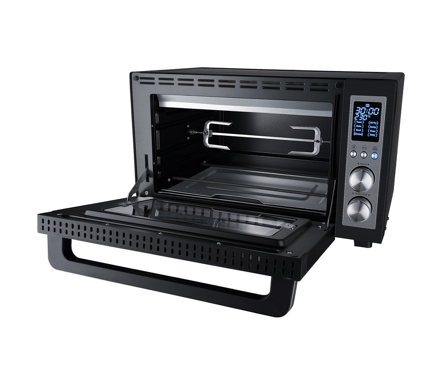 Geöffneter schwarzer Steba Digitaler Grillbackofen »KB E300« mit Drehspieß und digitalem Bedienfeld.