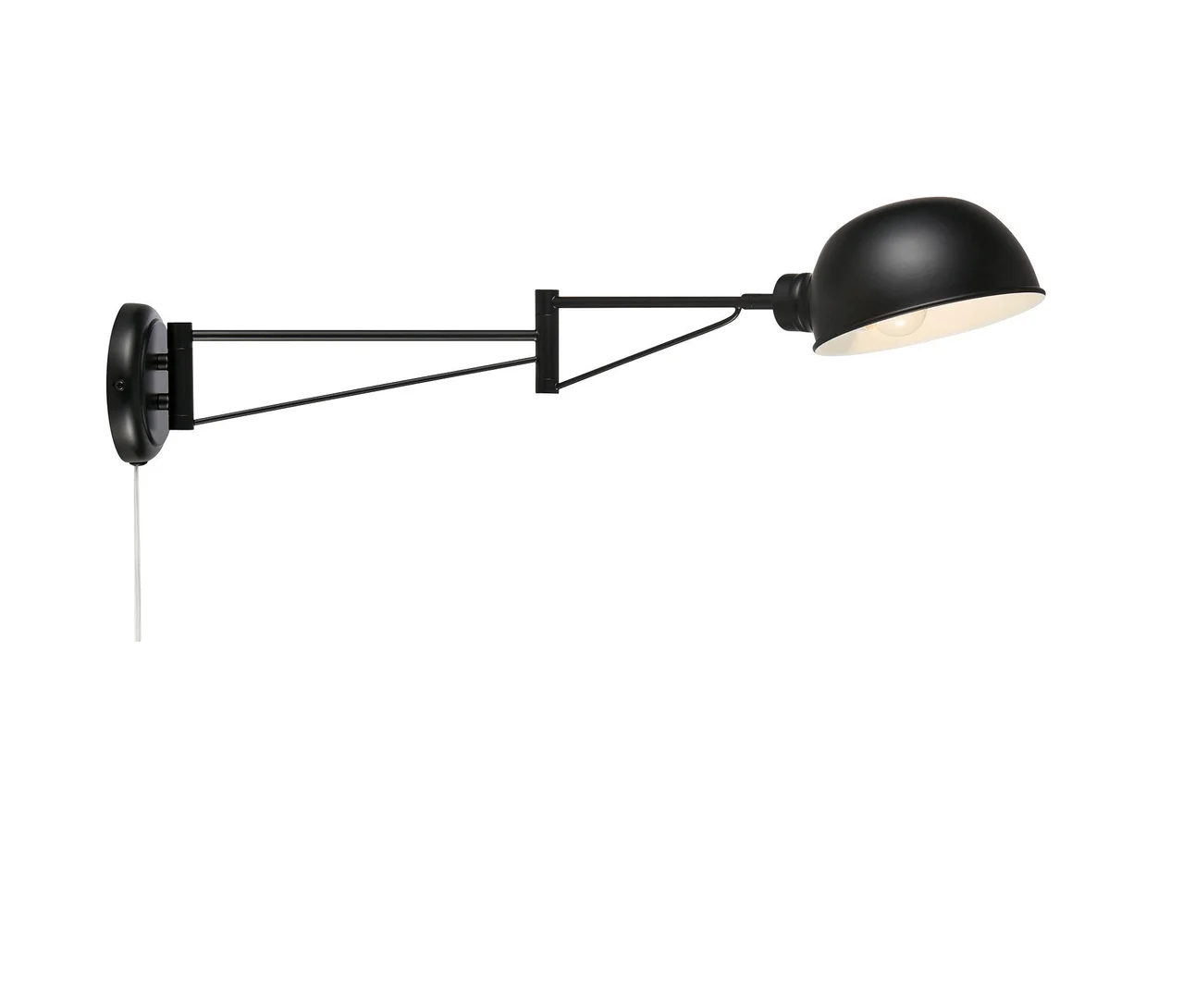 Eine schwarze Wandleuchte mit verstellbarem Arm vor einem weißen Hintergrund.