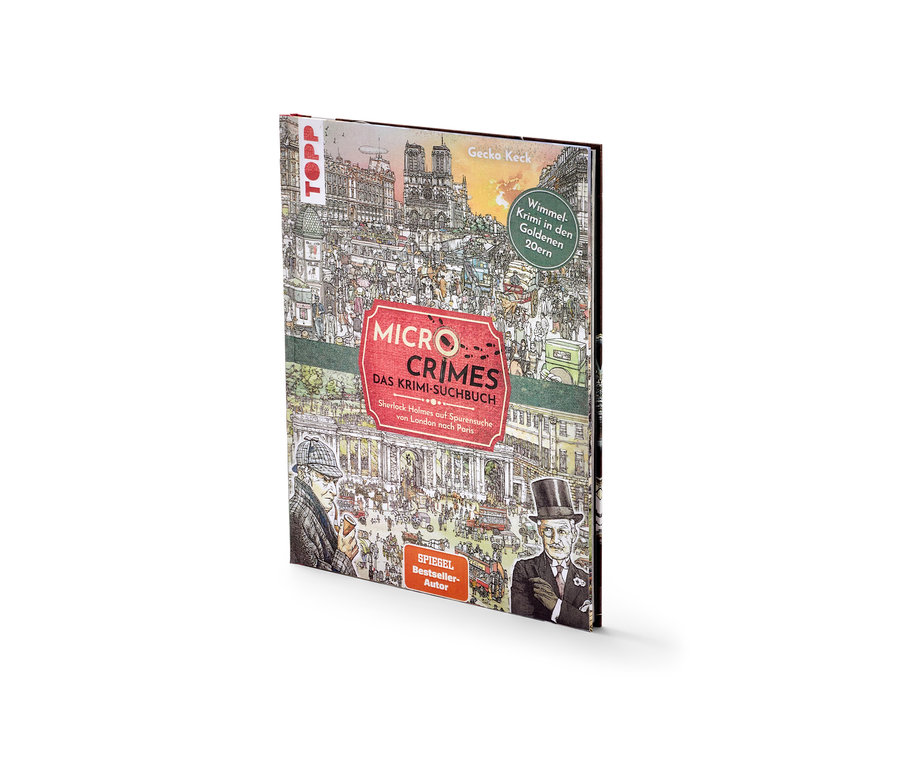 Buch "Micro Crimes – das Krimi-Suchbuch" mit Illustration einer Stadt und Figuren.