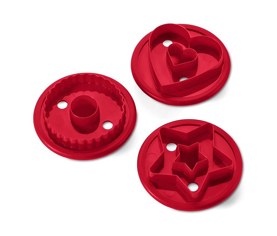 Rote 3 Linzer-Plätzchen-Ausstecher: Kreis, Herz und Stern.