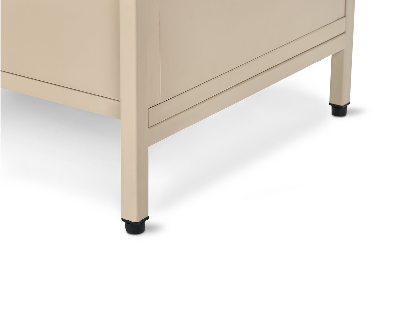 Detailaufnahme einer beigen Konsole mit schwarzen Füßen.